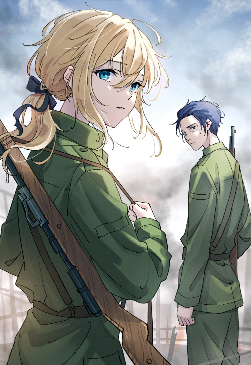 1boy, 1girl, absurdres, aqua_eyes, bangs, black_ribbon, blonde_hair, blue_hair
