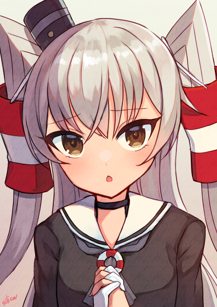 1girl, amatsukaze_(kancolle), artist_name, black_dress, blush, brown_eyes, dress, gloves