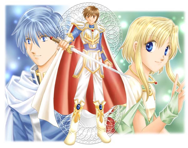 1girl, 2boys, blonde_hair, blue_coat, blue_eyes, blue_hair, cape, coat