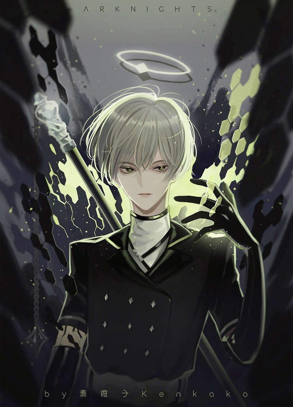 1boy, :d, arene_(arknights), arknights, artist_name, bangs, black_gloves, black_jacket, elbow_gloves, gloves, grey_eyes, grey_hair, halo, highres, jacket, kenkako, looking_at_viewer, open_mouth, short_hair, short_sleeves, smile, solo, upper_body, wings