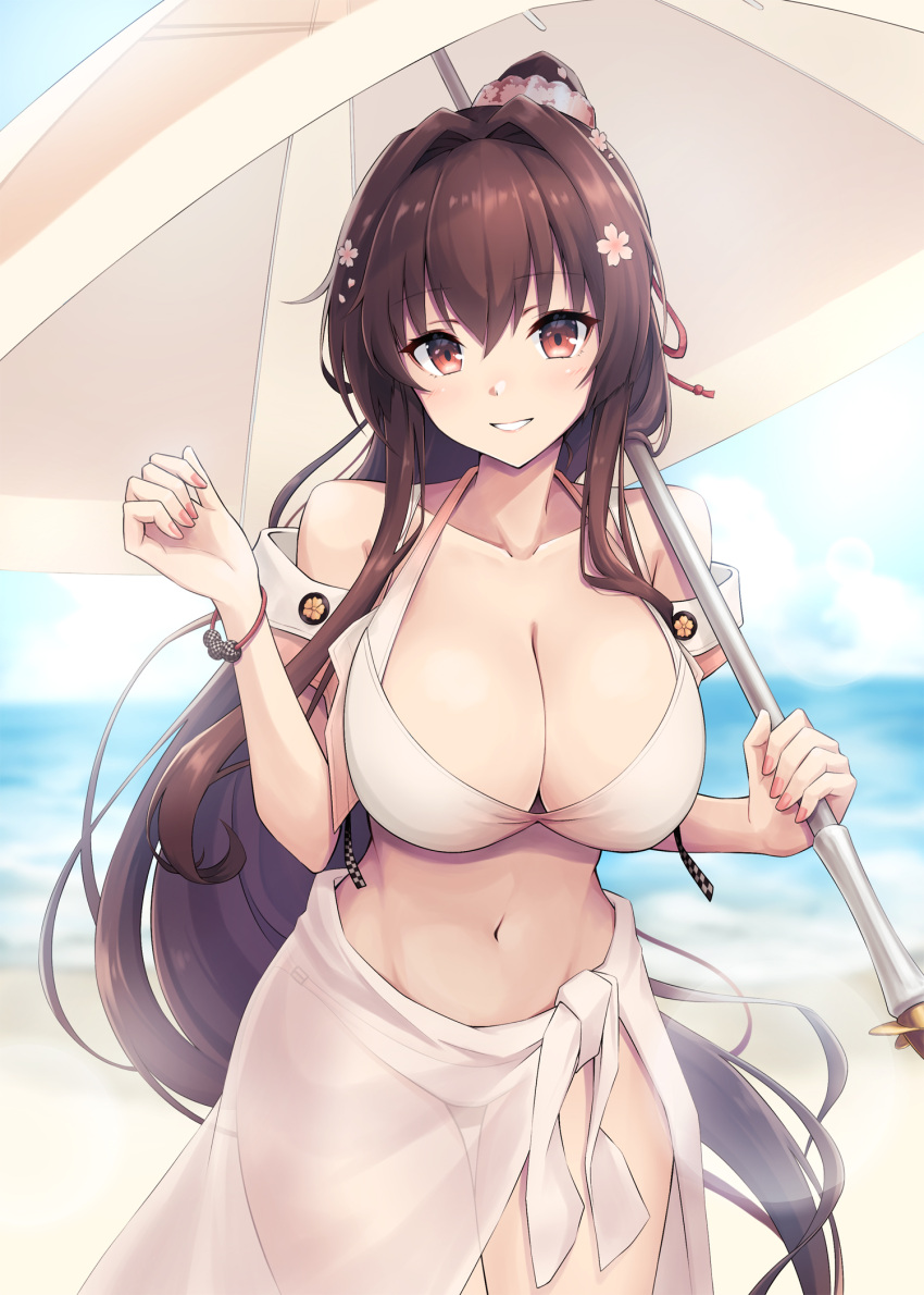 1girl, beach, beach_umbrella, bikini, blue_sky, breasts, brown_eyes, brown_hair
