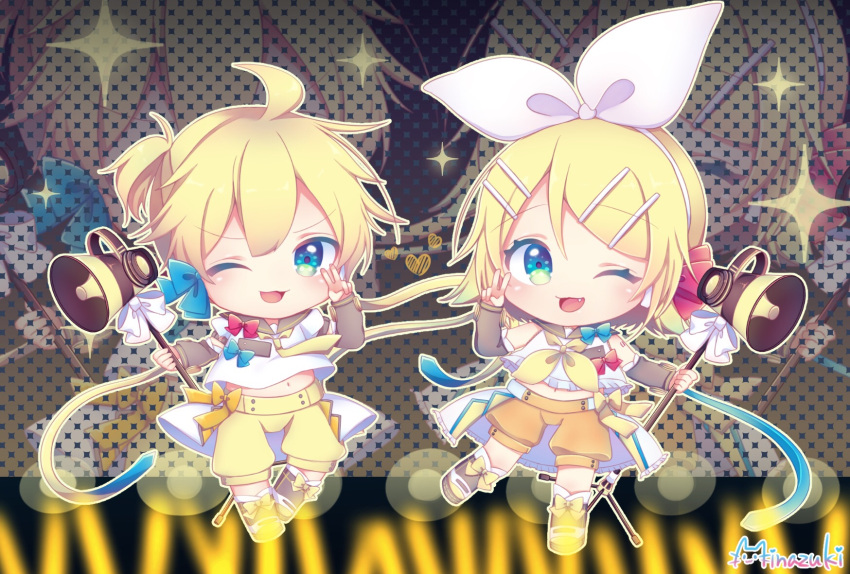 1boy, 1girl, ;3, ahoge, artist_name, black_sleeves, blonde_hair, blue_bow, blue_eyes, bow, bow_hairband, chibi, detached_sleeves, fang, frilled_shirt, frills, full_body, green_eyes, hair_between_eyes, hair_bow, hairband, heart, highres, holding, holding_megaphone, horn_speaker, kagamine_len, kagamine_rin, leg_up, magical_mirai_(vocaloid), magical_mirai_len, magical_mirai_len_(2018), magical_mirai_rin, magical_mirai_rin_(2018), medium_hair, megaphone, midriff_peek, minazuki_lein, multicolored_eyes, navel, neckerchief, necktie, one_eye_closed, open_mouth, orange_bow, orange_shorts, pink_bow, puffy_shorts, sailor_collar, sailor_shirt, shirt, short_ponytail, short_sleeves, shorts, signature, sleeveless, sleeveless_shirt, standing, standing_on_one_leg, textless_version, v, v-shaped_eyebrows, v_over_eye, vocaloid, white_bow, white_hairband, white_shirt, yellow_bow, yellow_neckerchief, yellow_necktie, yellow_shorts