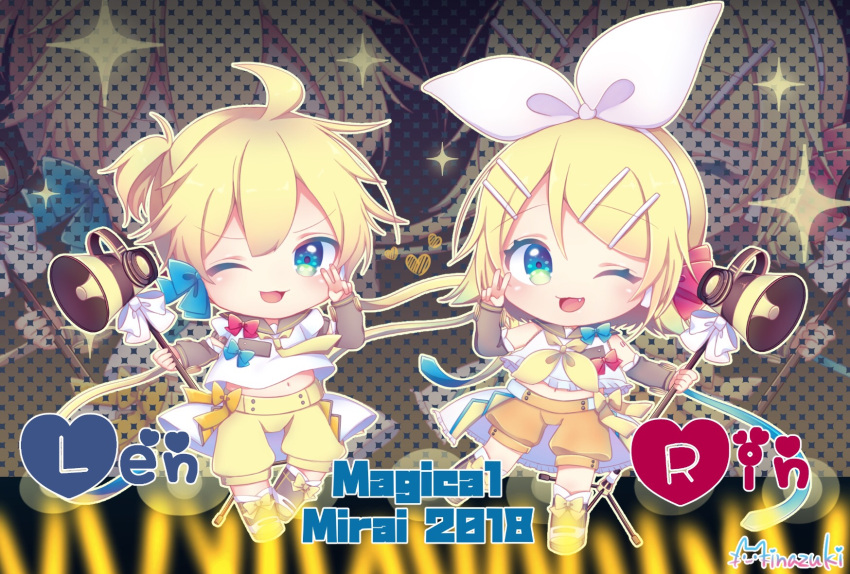 1boy, 1girl, ;3, ahoge, artist_name, black_sleeves, blonde_hair, blue_bow, blue_eyes, bow, bow_hairband, character_name, chibi, copyright_name, detached_sleeves, english_text, fang, frilled_shirt, frills, full_body, green_eyes, hair_between_eyes, hair_bow, hairband, heart, highres, holding, holding_megaphone, horn_speaker, kagamine_len, kagamine_rin, leg_up, magical_mirai_(vocaloid), magical_mirai_len, magical_mirai_len_(2018), magical_mirai_rin, magical_mirai_rin_(2018), medium_hair, megaphone, midriff_peek, minazuki_lein, multicolored_eyes, navel, neckerchief, necktie, one_eye_closed, open_mouth, orange_bow, orange_shorts, pink_bow, puffy_shorts, sailor_collar, sailor_shirt, shirt, short_ponytail, short_sleeves, shorts, signature, sleeveless, sleeveless_shirt, standing, standing_on_one_leg, v, v-shaped_eyebrows, v_over_eye, vocaloid, white_bow, white_hairband, white_shirt, yellow_bow, yellow_neckerchief, yellow_necktie, yellow_shorts