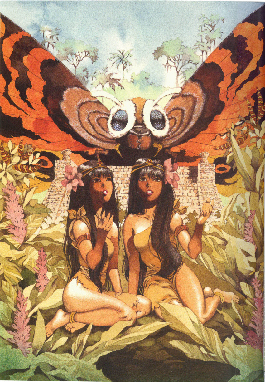 2girls, dark_skin, kaiju, mothra, tribal, yamada_akihiro