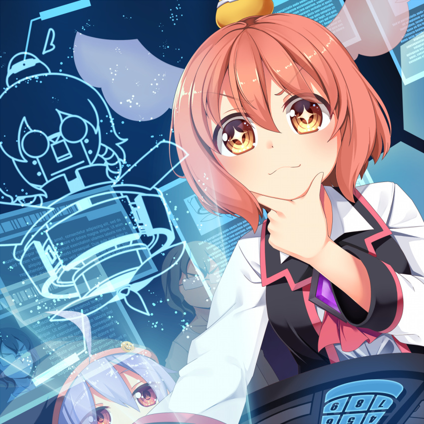+_+, 100_percent_orange_juice, 2girls, :3, ahoge, ascot, black_hoodie, black_vest, collared_shirt, collared_vest, english_commentary, glowing, glowing_wings, grey_hair, hand_on_own_chin, highres, hood, hoodie, keyboard_(computer), long_sleeves, mismatched_wings, multiple_girls, open_clothes, open_vest, orange_eyes, pink_ascot, pink_hair, pink_wings, red_eyes, shirt, short_hair, suguri, suguri_(character), sumika_(suguri), v-shaped_eyebrows, vest, white_shirt, wings, yasume_yukito