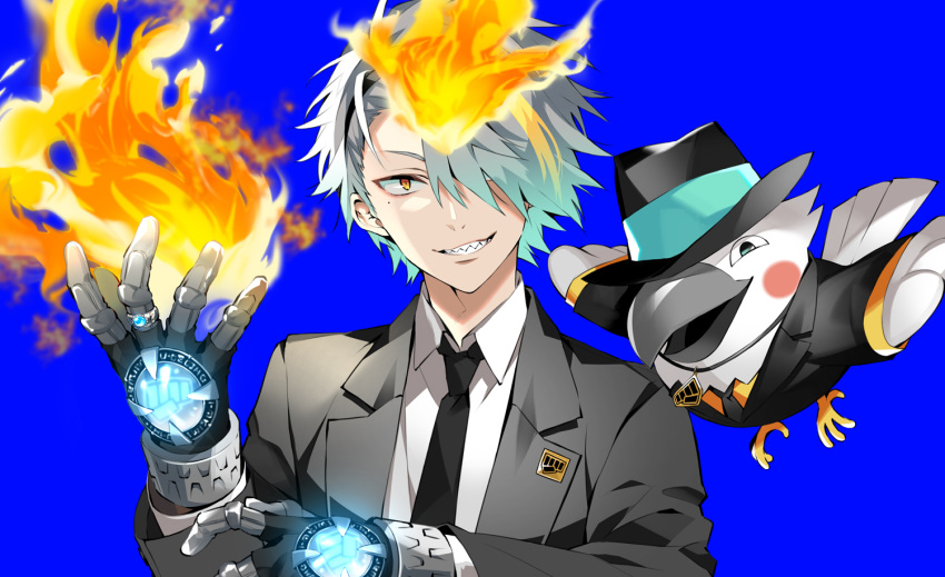 1boy, akke_(akke299), animal, aqua_hair, bird, black_hairband, black_headwear, black_jacket