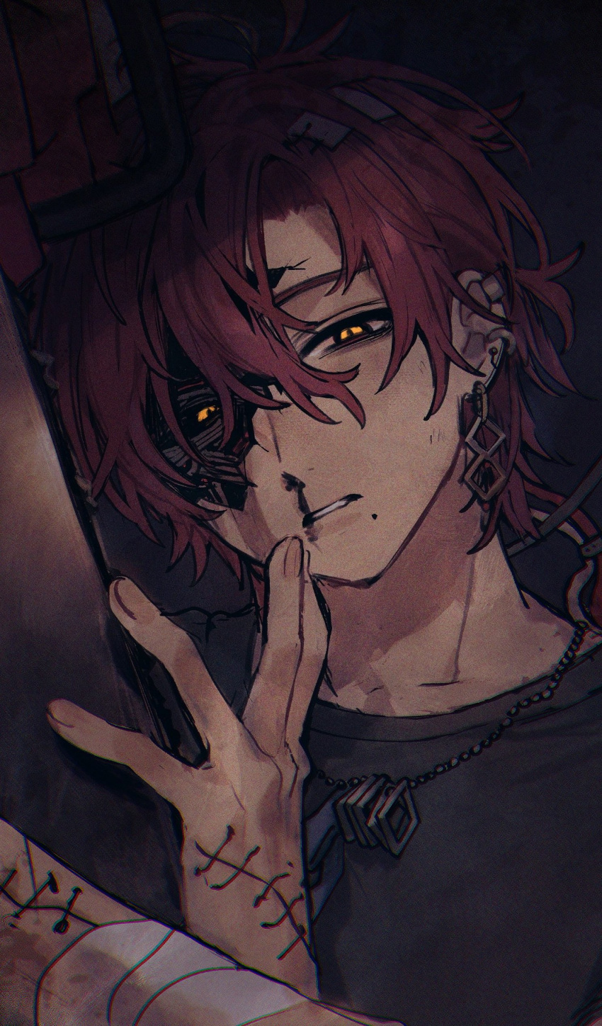 1boy, absurdres, android, bandaged_arm, bandages, bangs, black_shirt, broken_skin, commentary_request, ear_piercing, ha_yun, hair_between_eyes, highres, jewelry, male_focus, mechanical_parts, mole, mole_under_mouth, necklace, nijisanji, orange_eyes, parted_lips, piercing, redhead, sakura_yuki_(clochette), shirt, solo, stitches, upper_body, virtual_youtuber