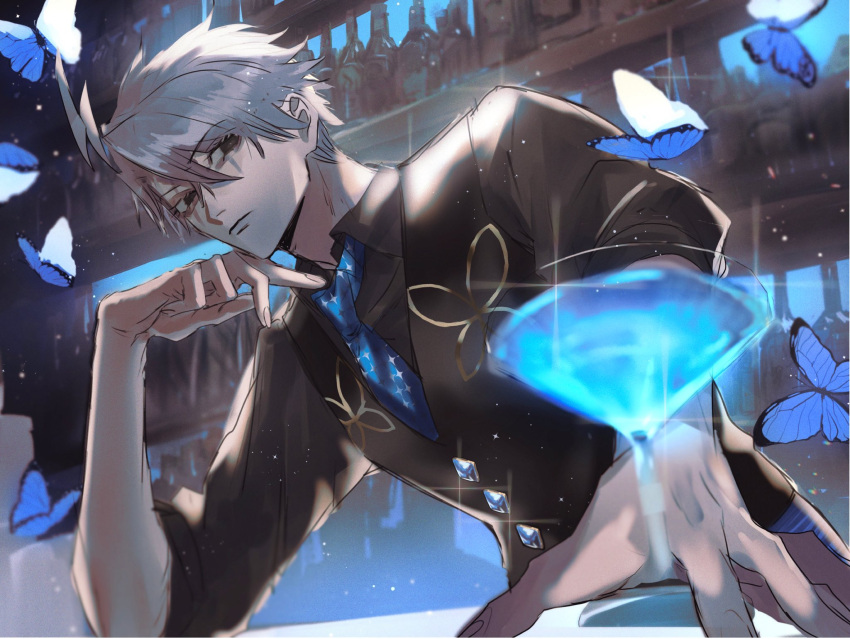 1boy, ahoge, bar, bartender, black_eyes, black_vest, blue_butterfly, blue_necktie