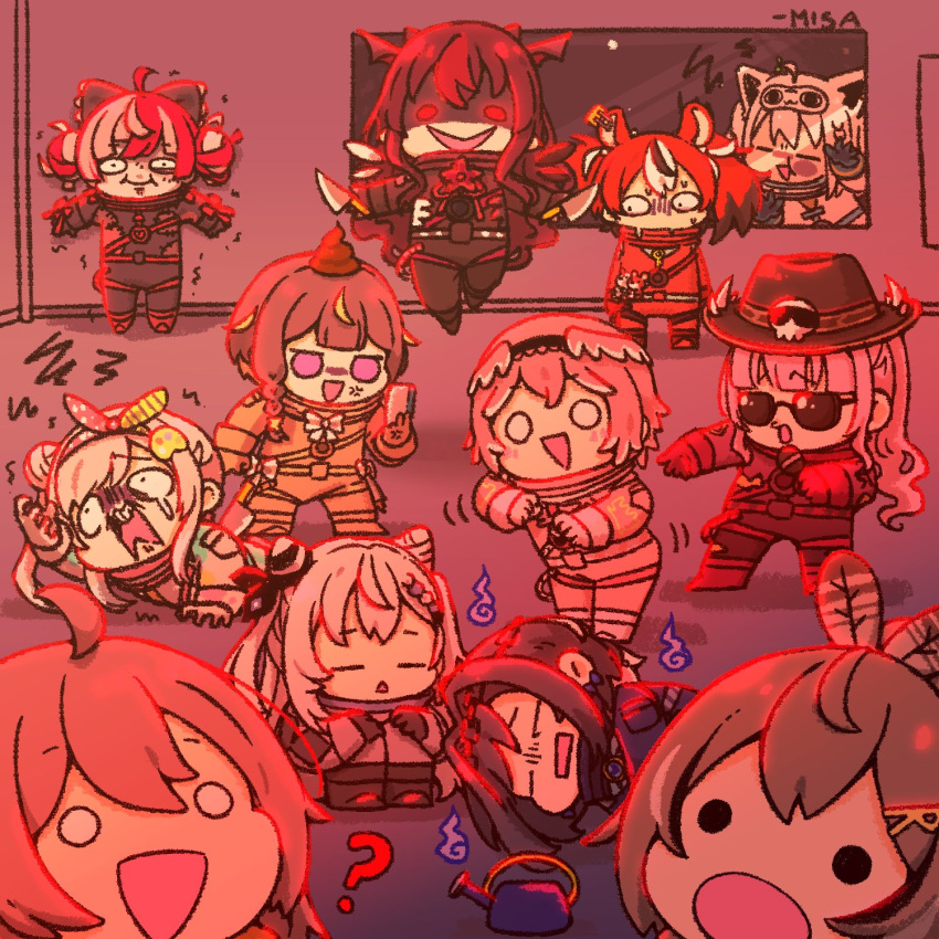 ?, ahoge, airani_iofifteen, among_us, animal_ears, anya_melfissa, bangs, bird_girl, black_bow, black_hair, bow, braid, braided_bangs, brown_hair, closed_eyes, cone_hair_bun, cosplay, cowboy_hat, crewmate_(among_us), crewmate_(among_us)_(cosplay), crystal_wings, double_bun, dual_wielding, feather_hair_ornament, feathers, fox_ears, fox_girl, glowing, glowing_eyes, grey_hair, hair_bow, hair_bun, hair_ornament, hairclip, hakos_baelz, hat, head_wings, highres, hitodama, holding, hololive, hololive_english, hololive_indonesia, horns, irys_(hololive), jewelry, kettle, key_necklace, knife, kureiji_ollie, long_hair, microphone, mori_calliope, mouse_ears, mouse_girl, mousetrap, multicolored_hair, nanashi_mumei, natsuiro_matsuri, necklace, open_mouth, orange_(among_us), orange_(among_us)_(cosplay), ouro_kronii, palette_hair_ornament, pink_(among_us), pink_(among_us)_(cosplay), pink_hair, ponytail, poop, red_(among_us), red_(among_us)_(cosplay), red_eyes, redhead, shirakami_fubuki, short_hair, sidelocks, smile, spoken_question_mark, streaked_hair, sunglasses, takane_lui, vestia_zeta, virtual_youtuber, wakatsuki_misato, white_(among_us), white_(among_us)_(cosplay), white_hair