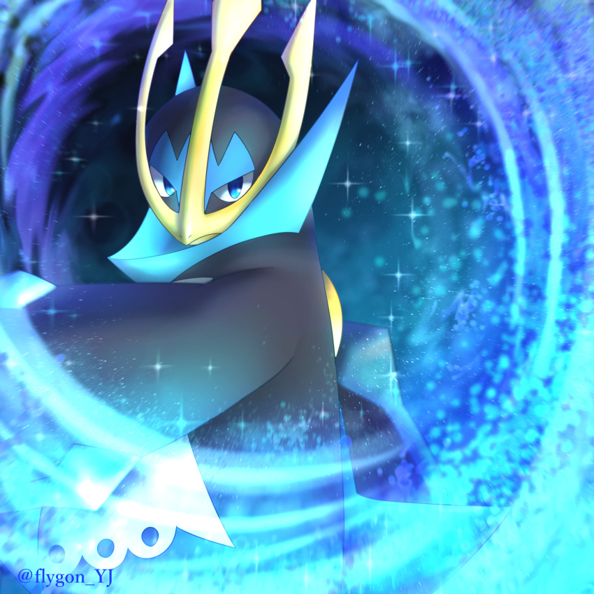 animal_focus, arm_up, artist_name, blue_eyes, blue_theme, closed_mouth, commentary, empoleon