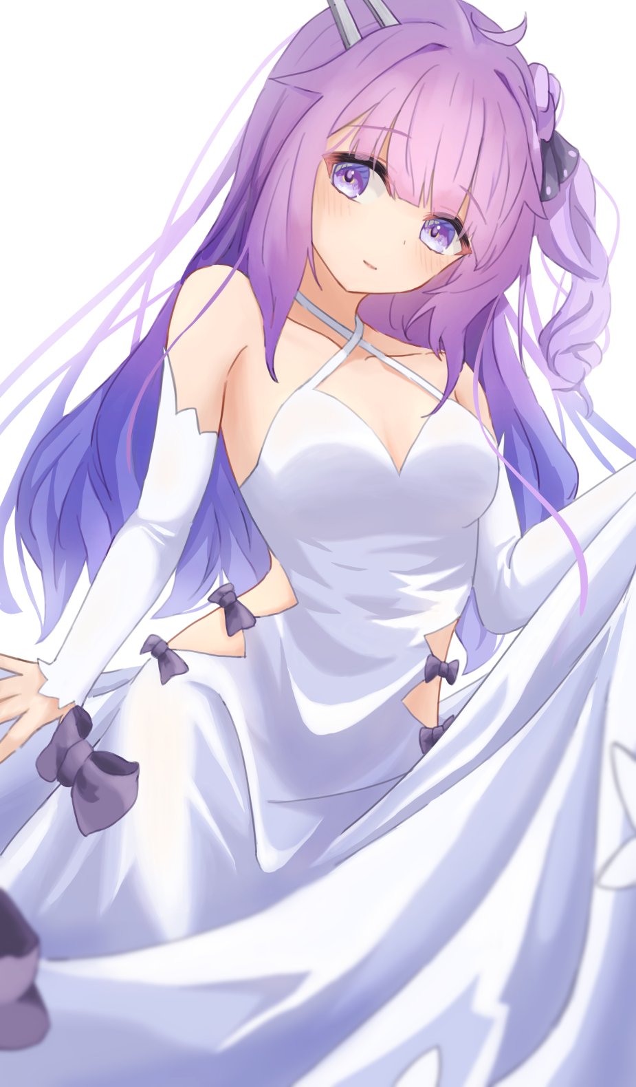 1girl, ahoge, azur_lane, black_ribbon, chisei259, clothing_cutout, criss-cross_halter, dress