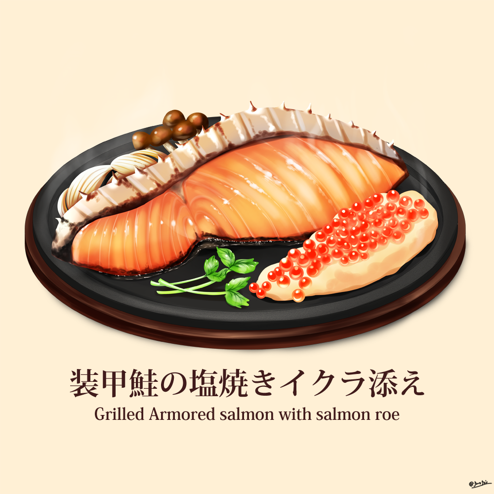commentary, english_text, fish_(food), food_focus, garnish, ikura_(food), jamesjoji, mashed_potatoes