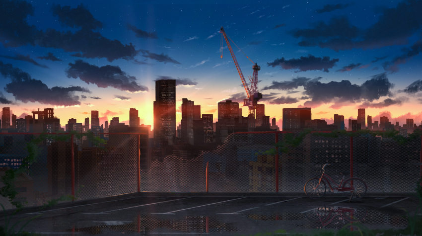 absurdres, bicycle, broken_fence, building, chain-link_fence, chinese_commentary, city, clouds