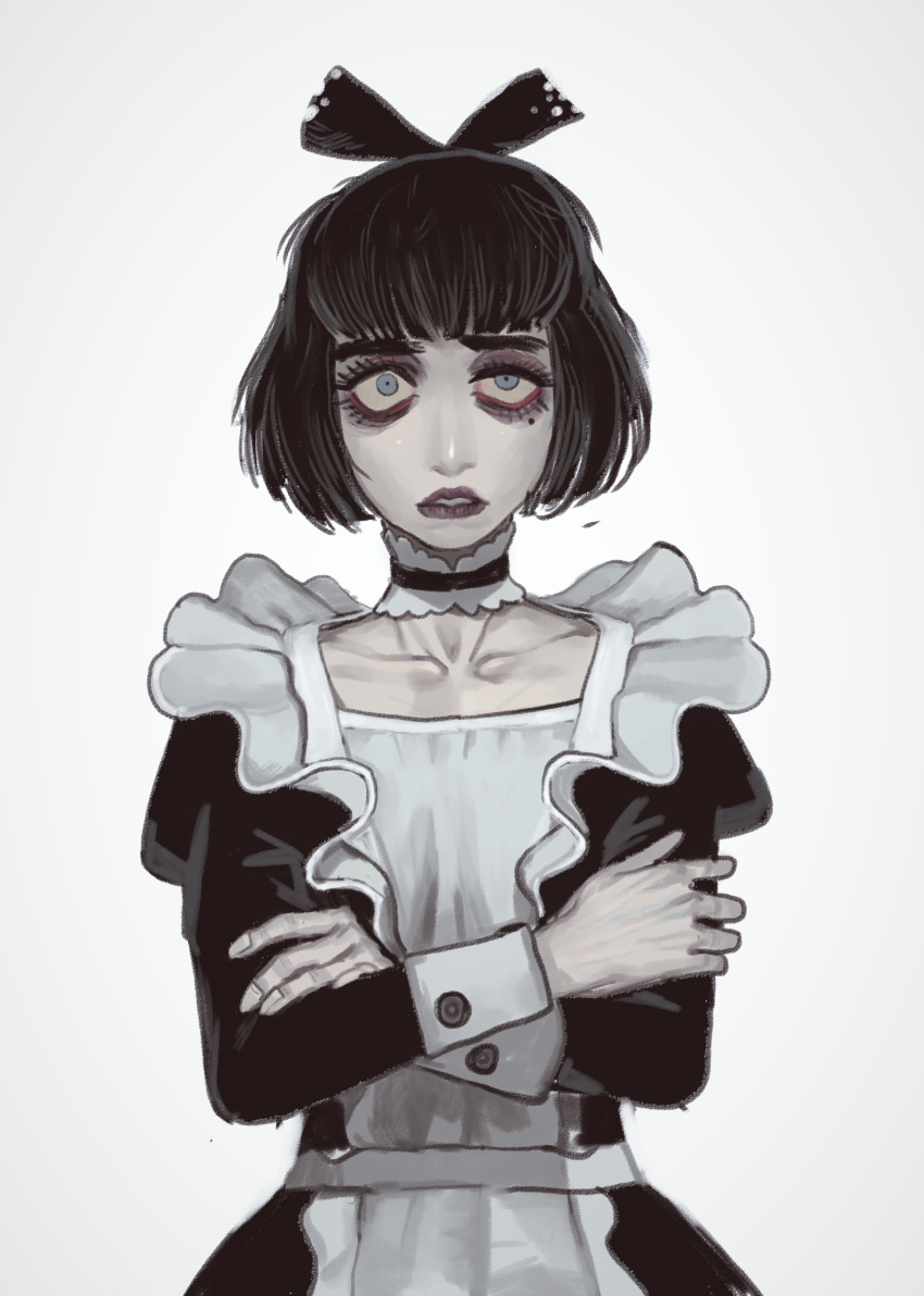 1girl, absurdres, apron, black_dress, black_hair, blue_eyes, bow, creepy_susie