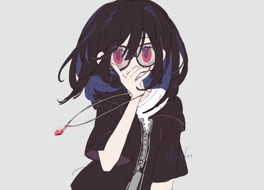 1girl, arm_at_side, artist_name, bangs, black-framed_eyewear, black_hair, black_hoodie, blue_hair, blush, commentary, covering_mouth, english_commentary, fingernails, floating_hair, gem, glasses, grey_background, hair_between_eyes, hand_over_own_mouth, holding, holding_jewelry, holding_necklace, hood, hood_down, hoodie, jewelry, jewelry_removed, looking_at_viewer, medium_hair, melanbread, necklace, necklace_removed, original, red_eyes, red_gemstone, shirt, short_sleeves, sidelocks, signature, simple_background, sketch, smile, solo, two-tone, upper_body, white_shirt, zipper
