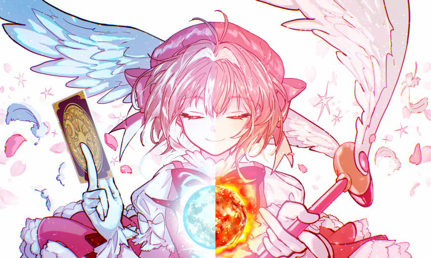 ahoge, bangs, beret, bow, card, cardcaptor_sakura, clamp_(circle)_(style), closed_eyes