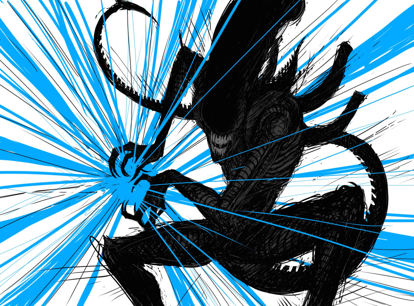 1other, alien, alien_(movie), black_skin, colored_skin, dragon_ball, dragon_ball_z, energy_ball, exoskeleton, fighting_stance, fortnite, highres, kamehameha, limited_palette, monster, no_eyes, powering_up, solo, spaghetti-bastard, tail, xenomorph