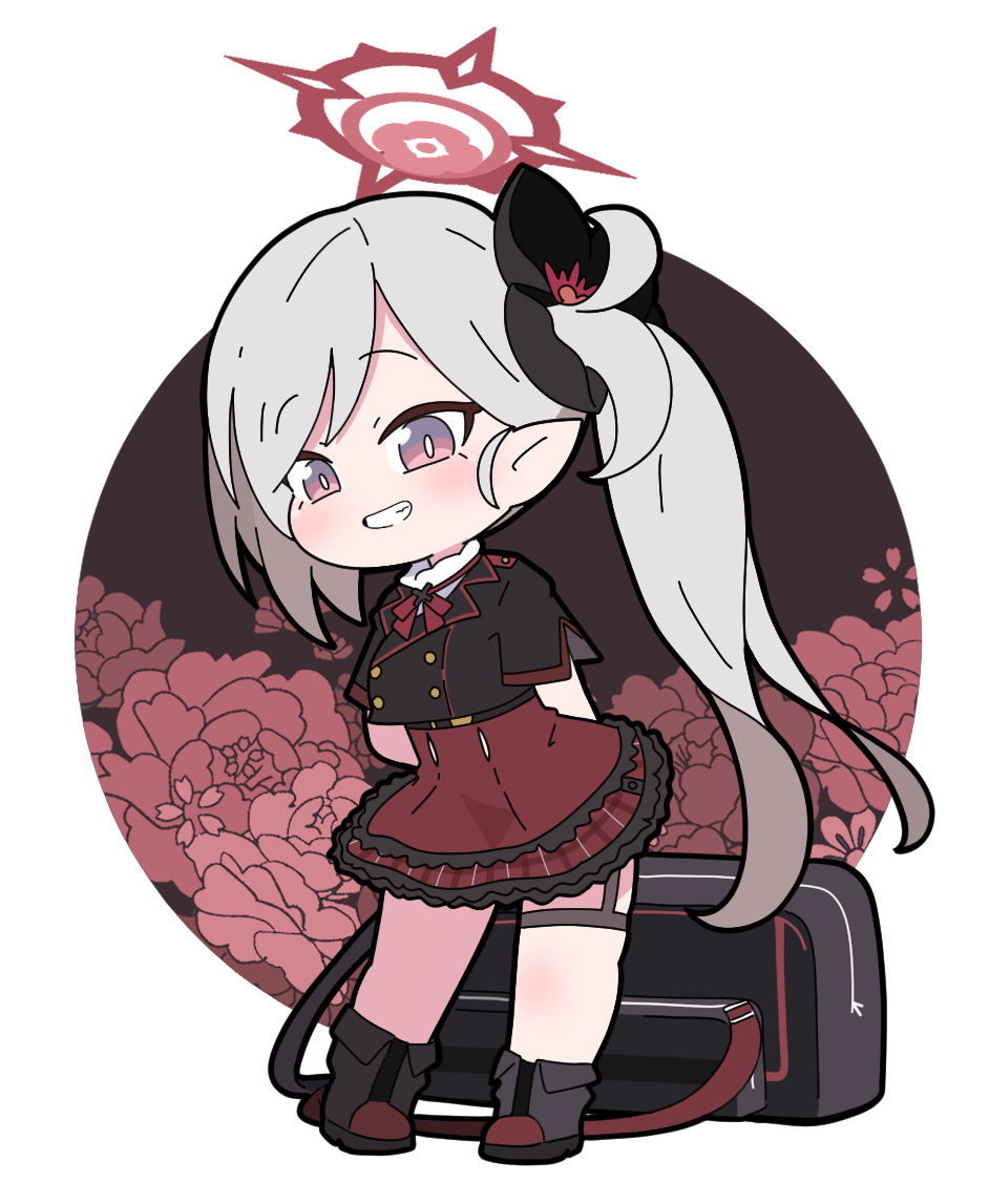 1girl, arms_behind_back, bag, bangs, black_flower, black_footwear, black_jacket, blue_archive