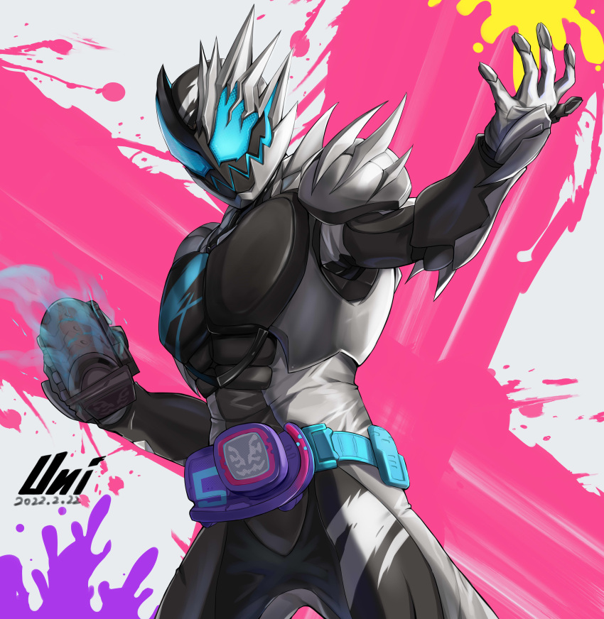 1boy, absurdres, armor, asymmetrical_armor, black_armor, blue_eyes, bodysuit, clenched_hand