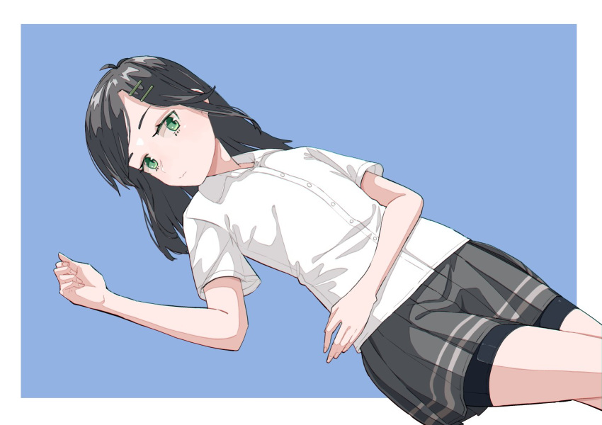 1girl, bike_shorts, black_hair, cowboy_shot, green_eyes, grey_skirt, hair_ornament, hairclip
