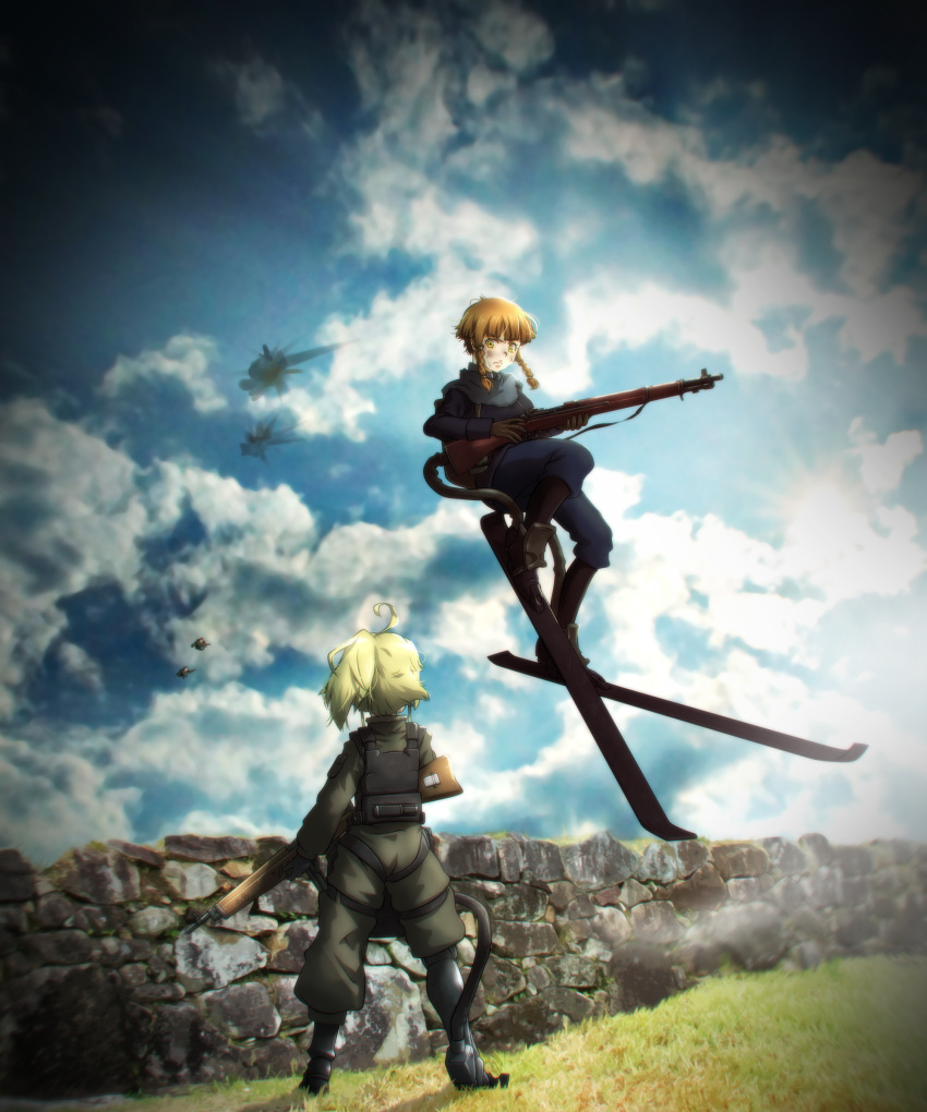 2girls, absurdres, ahoge, blonde_hair, braid, clouds, flying, genya_(genya67), gun, highres, holding, holding_gun, holding_weapon, looking_at_another, mary_sue_(youjo_senki), military, military_uniform, multiple_girls, outdoors, ponytail, rifle, skis, soldier, standing, stone_wall, tanya_degurechaff, twin_braids, uniform, wall, weapon, yellow_eyes, youjo_senki