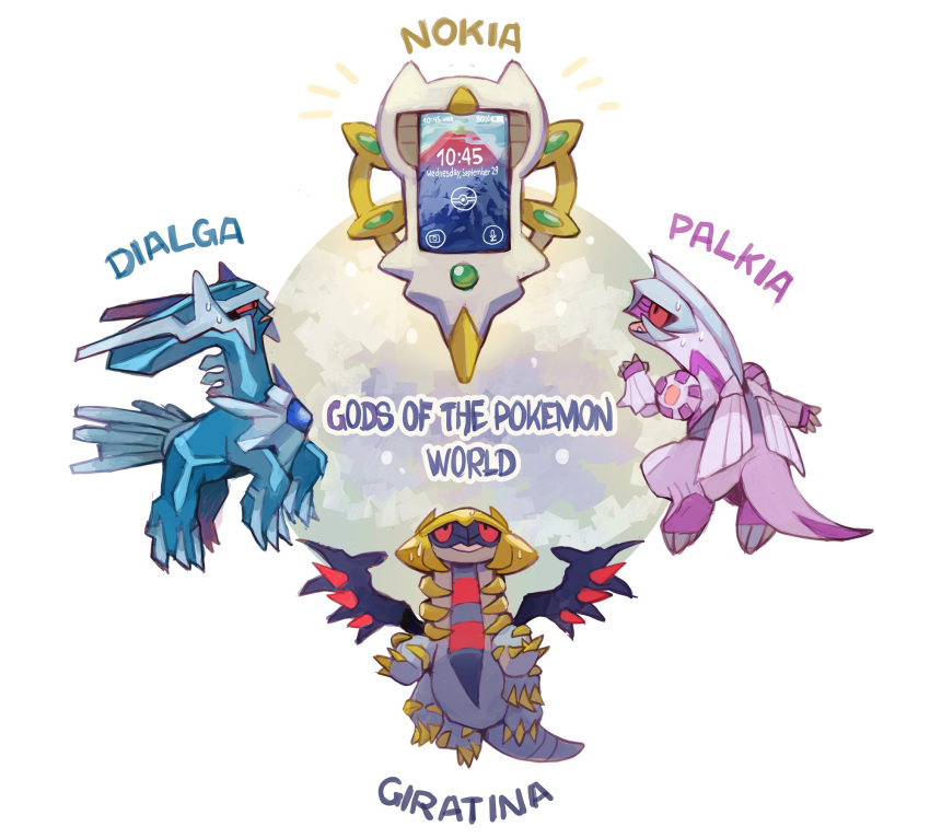 arc_phone, arceus, dialga, english_text, giratina, highres, no_humans, nokia_(company)