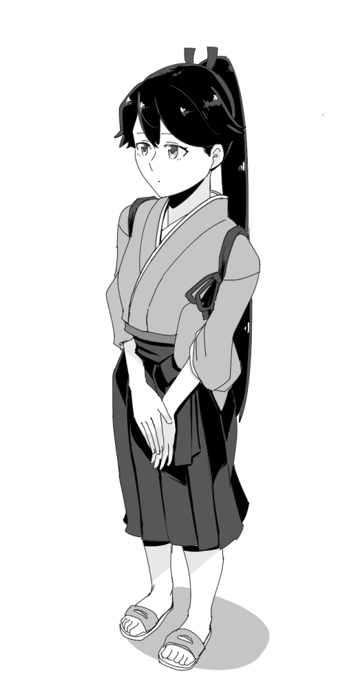 1girl, full_body, greyscale, hakama, hakama_short_skirt, hakama_skirt, houshou_(kancolle), japanese_clothes, kantai_collection, kimono, monochrome, ponytail, sandals, shirouri, skirt, solo, standing, tasuki, v_arms
