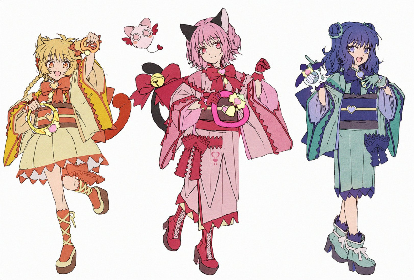 3girls, adapted_costume, aizawa_mint, animal_ears, bell, blonde_hair, blue_bow, blue_eyes