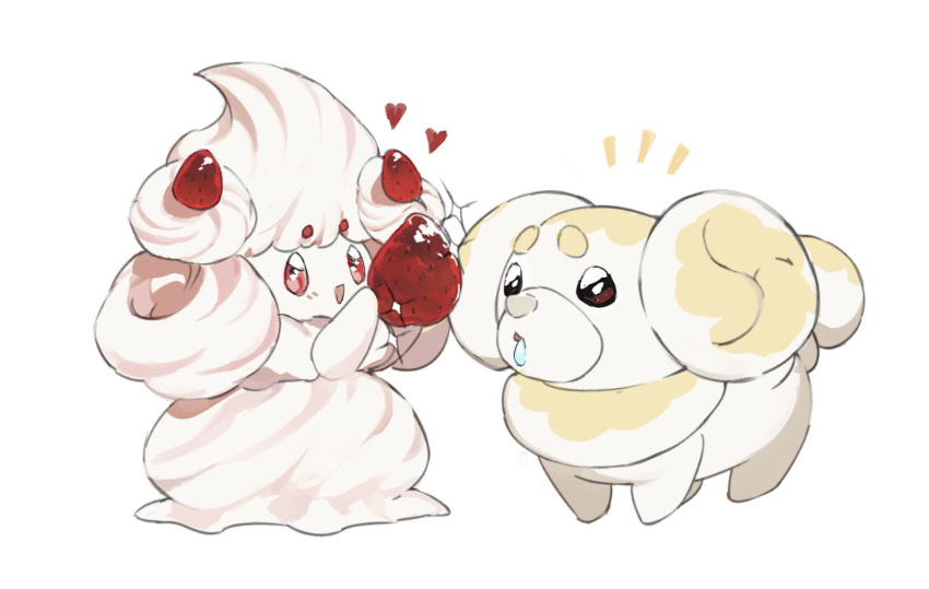 alcremie, alcremie_(vanilla_cream), animal_focus, black_eyes, bread, dog, fidough, food