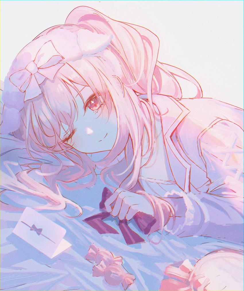 1girl, absurdres, akiyama_mizuki, bangs, bow, candy, flat_chest, food, hat, hat_bow, highres, holding, holding_bow_(ornament), jacket, light_smile, lium, long_hair, long_sleeves, looking_ahead, lying, on_side, one_eye_closed, pink_bow, pink_hair, pink_headwear, pink_jacket, pink_ribbon, ponytail, project_sekai, purple_bow, ribbon, ribbon-trimmed_sleeves, ribbon_trim, sidelocks, solo, tearing_up, wrapped_candy