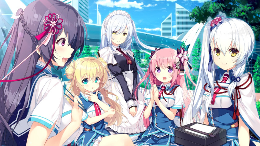 5girls, :d, aihara_shion, apron, black_shirt, blonde_hair, blue_eyes, blue_ribbon