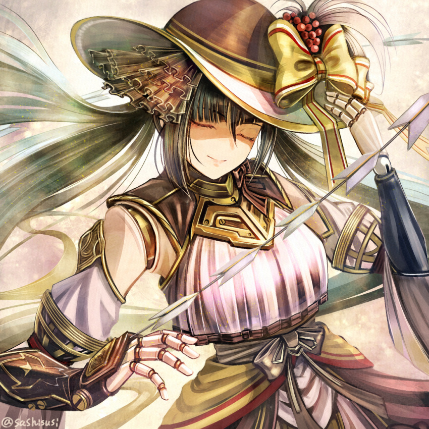 1girl, android, bangs, black_hair, closed_eyes, closed_mouth, doll_(ys), doll_joints, floating_hair, hair_between_eyes, hat, joints, long_hair, shiny, shiny_hair, smile, solo, sun_hat, sushi_(sashimise), twintails, very_long_hair, yellow_headwear, ys_ix_monstrum_nox