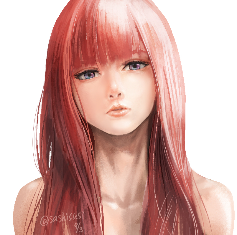 1girl, bangs, blue_eyes, blunt_bangs, collarbone, dated, hair_over_shoulder, long_hair, looking_at_viewer, nude, original, parted_lips, pink_hair, portrait, simple_background, solo, straight_hair, sushi_(sashimise), twitter_username, white_background