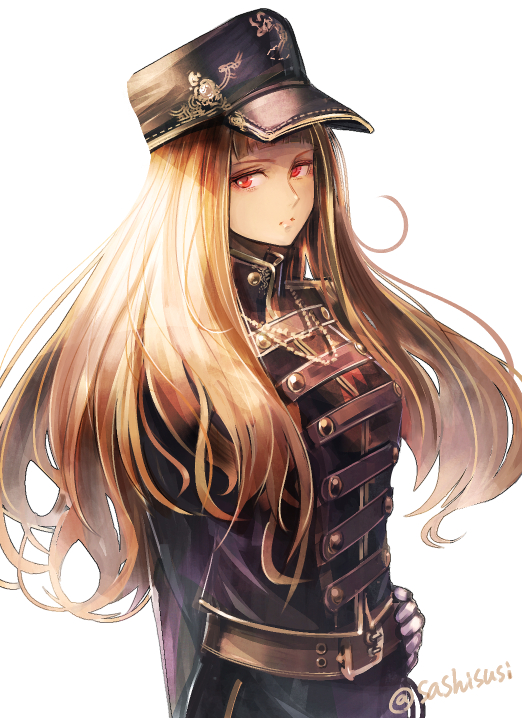 1girl, belt, belt_buckle, black_headwear, black_jacket, blonde_hair, brown_belt, buckle