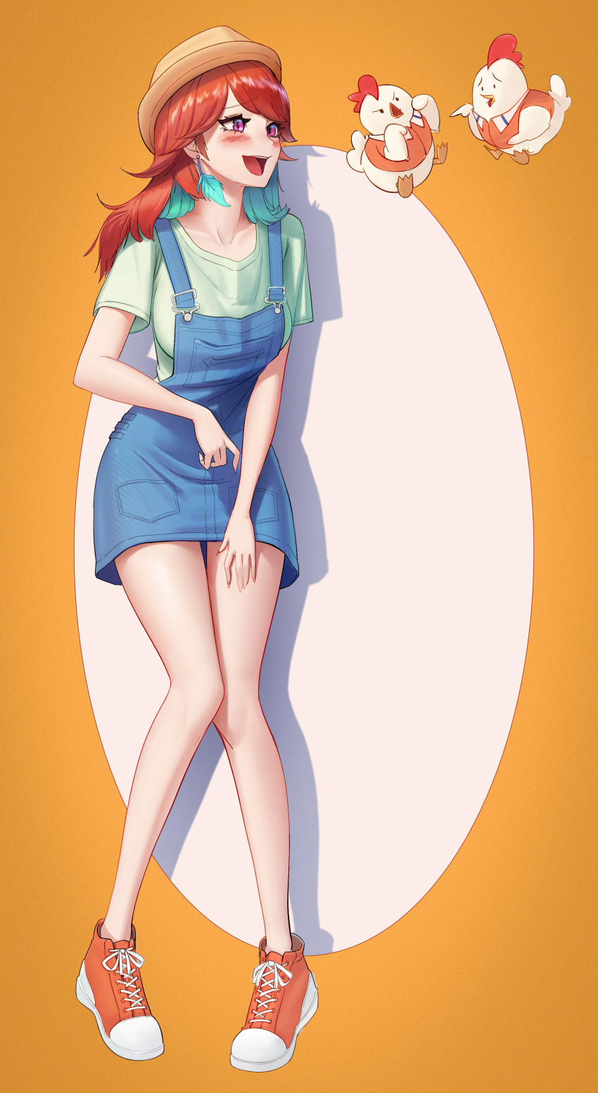 1girl, absurdres, alternate_costume, bangs, bare_legs, bird, blush, breasts, chicken, collarbone, colored_inner_hair, denim, denim_skirt, full_body, green_hair, green_shirt, hantata, hat, highres, hololive, kfp_employee_(takanashi_kiara), knees_together_feet_apart, leaning_forward, long_hair, looking_at_animal, medium_breasts, miniskirt, multicolored_hair, open_mouth, orange_hair, original, overall_skirt, shirt, shoes, skirt, smile, sneakers, swept_bangs, takanashi_kiara, thigh_gap, violet_eyes, virtual_youtuber