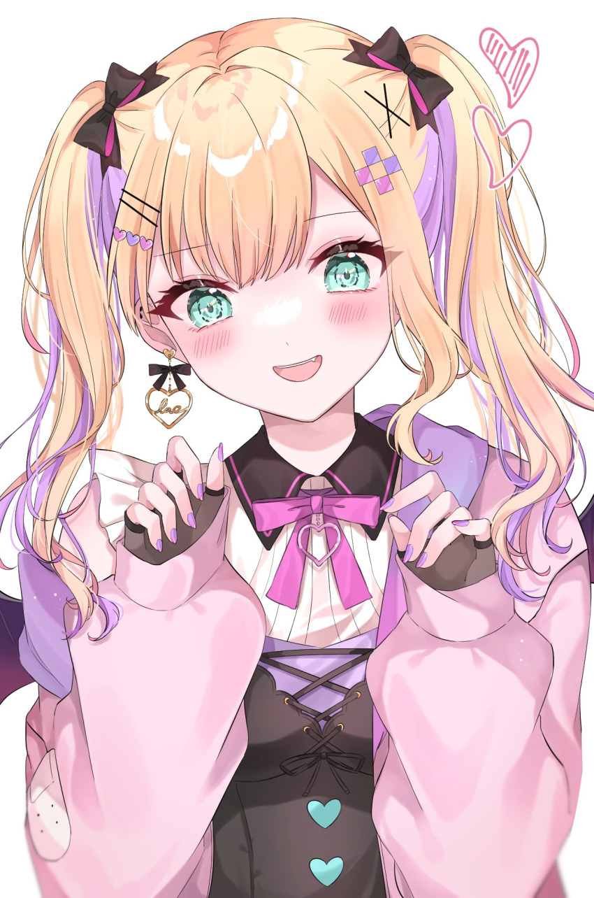 1girl, bat_wings, blonde_hair, blush, bow, green_eyes, hair_bow, hair_ornament