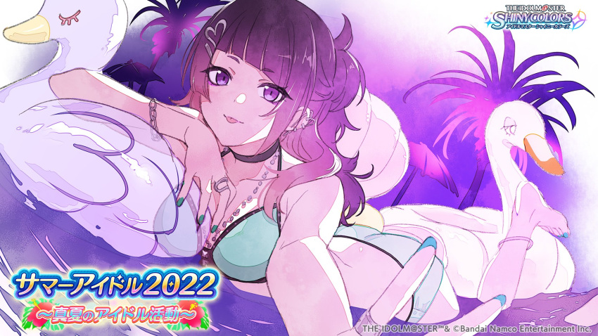 1girl, bangs, bikini, bracelet, chain, commentary_request, diagonal_bangs, dutch_angle, ear_piercing, earrings, green_nails, hair_ornament, hairclip, highres, idolmaster, idolmaster_shiny_colors, jewelry, looking_at_viewer, necklace, official_art, piercing, pool, purple_hair, ring, solo, swimsuit, tanaka_mamimi, tongue, v, violet_eyes, water, watercolor_effect