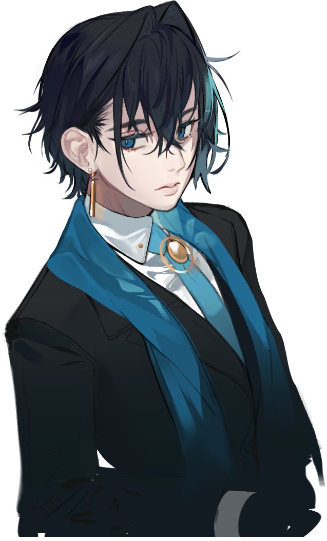1boy, black_gloves, blue_eyes, blue_hair, blue_necktie, blue_scarf, brooch, collared_shirt