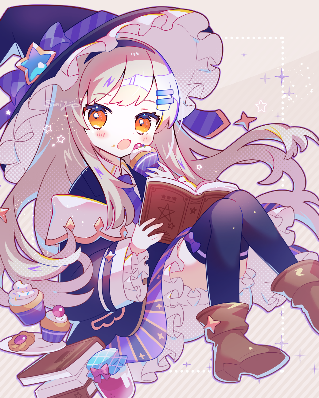1girl, artist_name, bangs, black_thighhighs, blazer, bloomers, blue_bow, blue_headwear
