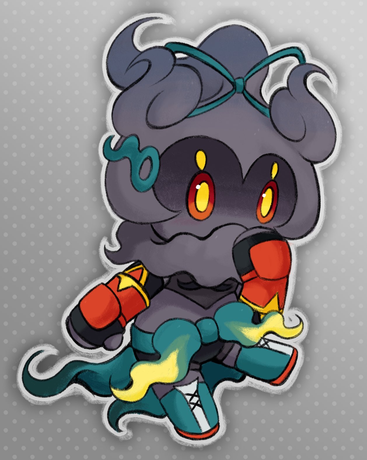 black_skin, colored_skin, cosplay, fingerless_gloves, full_body, gloves, grey_background, hand_up