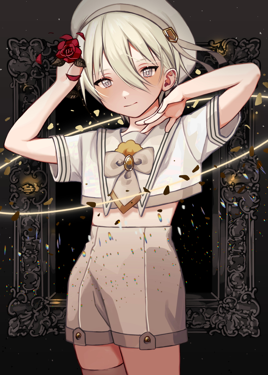 1boy, asymmetrical_legwear, black_background, flower, framed, gradient, gradient_background, grey_background, hat, highres, hiiragi_hizasi, male_focus, mirror, multicolored_background, original, otoko_no_ko, red_flower, rose, sailor_collar, sailor_hat, sailor_shirt, shirt, shorts, solo, thigh-highs, white_eyes, white_hair