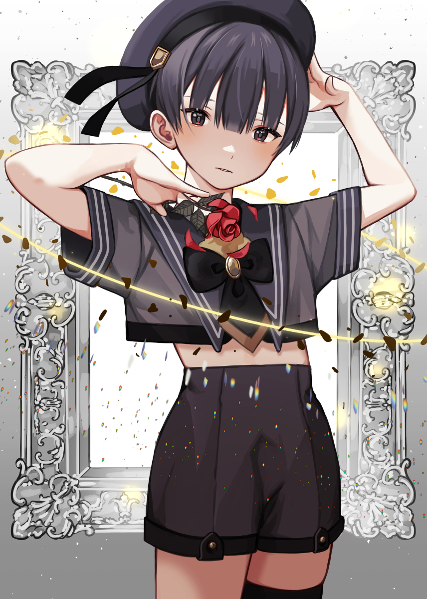 1boy, asymmetrical_legwear, black_eyes, black_hair, framed, gradient, gradient_background, grey_background, hat, highres, hiiragi_hizasi, male_focus, mirror, multicolored_background, original, otoko_no_ko, sailor_collar, sailor_hat, sailor_shirt, shirt, shorts, solo, thigh-highs, white_background