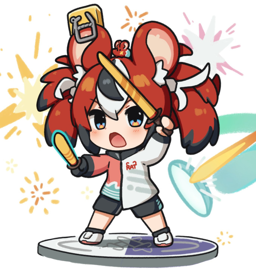 1girl, alternate_costume, animal_ears, black_hair, casual, chibi, dual_wielding, gloves, hakos_baelz, highres, holding, hololive, hololive_english, jacket, mouse_ears, mouse_girl, mouse_tail, mousetrap, mr._squeaks_(hakos_baelz), multicolored_hair, nintendo_switch_sports, redhead, shoes, shorts, single_glove, sneakers, snowmya, sparks, streaked_hair, sword, tail, track_jacket, twintails, virtual_youtuber, weapon, white_hair, wooden_sword