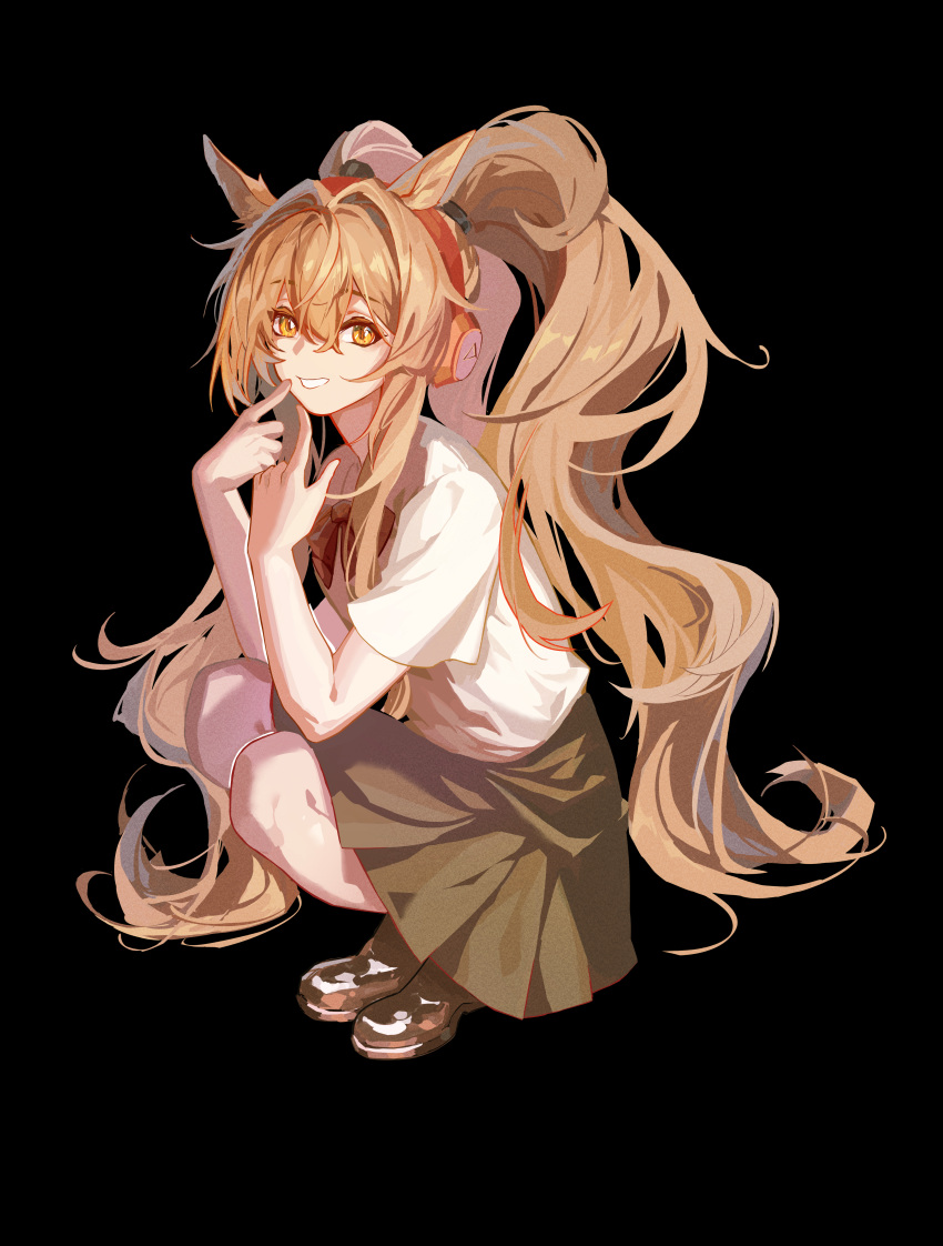 1girl, absurdres, angelina_(arknights), animal_ears, arknights, black_background, bow, bowtie