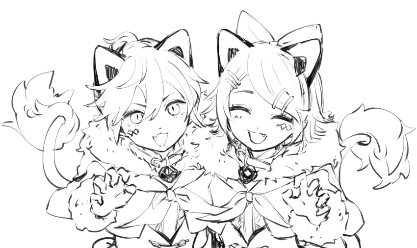 1boy, 1girl, animal_ears, bangs, boku_(user_vppr4885), bow, claw_pose, closed_eyes