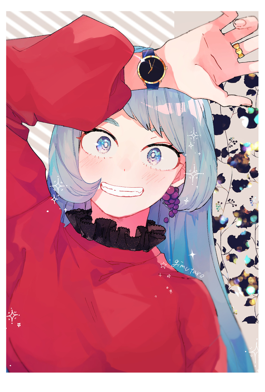 1girl, blue_eyes, blue_hair, boku_no_hero_academia, fingernails, gim_(gim-gim-3919), grape_earrings, grin