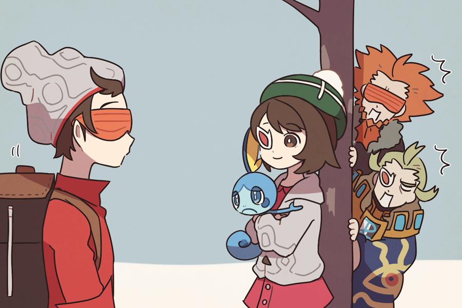 1girl, 3boys, bare_tree, beanie, beard, bob_cut, borrowed_garments, brown_eyes