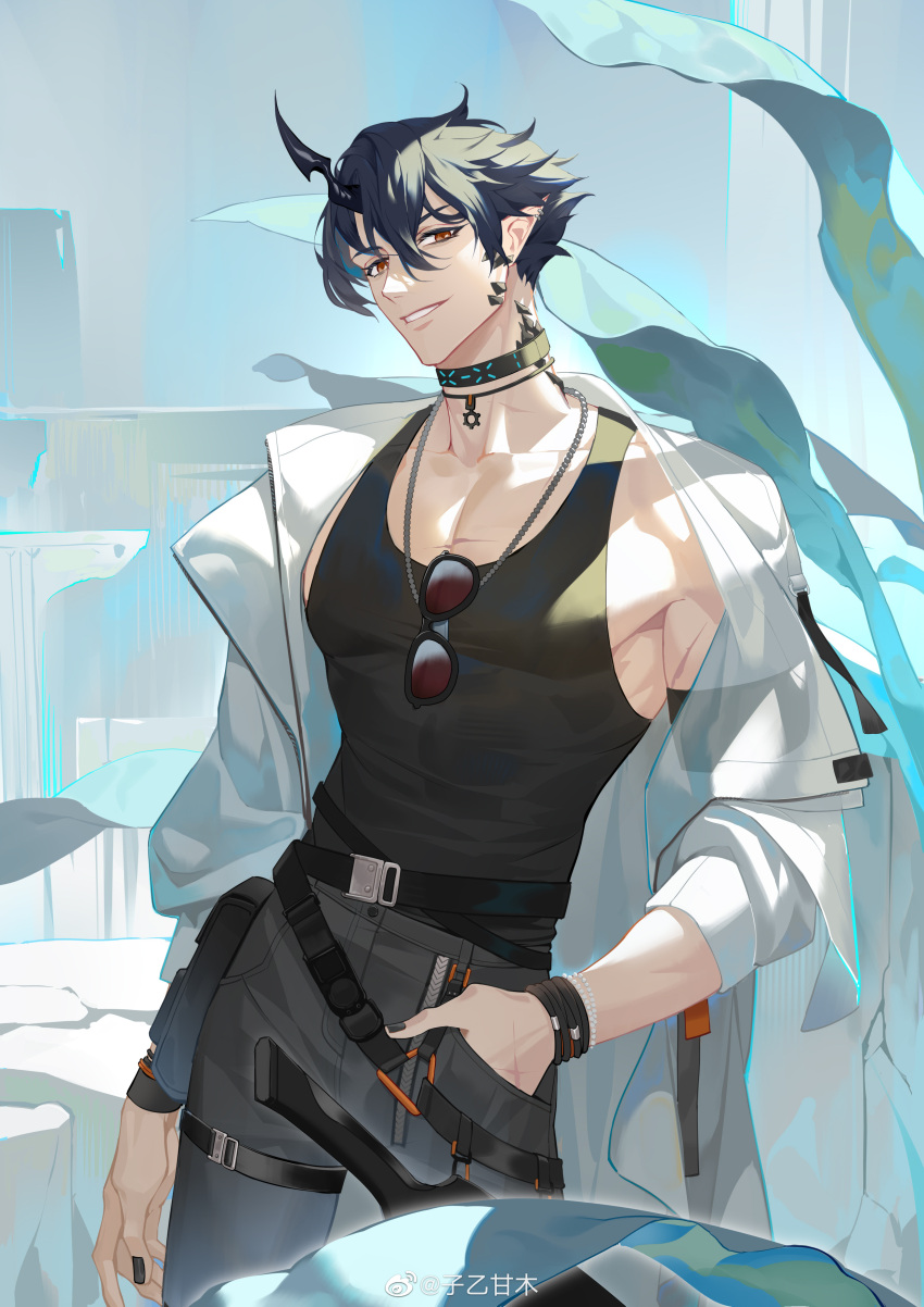 1boy, absurdres, arknights, bead_bracelet, beads, belt, belt_buckle, black_hair, black_nails, black_tank_top, bracelet, buckle, chinese_commentary, commentary_request, demon_boy, demon_horns, ear_piercing, eyewear_hang, eyewear_removed, fingernails, flamebringer_(arknights), flamebringer_(holiday)_(arknights), grey_shorts, hand_in_pocket, highres, horns, infection_monitor_(arknights), jacket, jewelry, leaf, long_sleeves, male_focus, nail_polish, necklace, official_alternate_costume, open_clothes, open_jacket, orange_eyes, oripathy_lesion_(arknights), parted_lips, piercing, pointy_ears, scar, scar_on_chest, scar_on_hand, short_hair, shorts, single_horn, smile, sunglasses, tank_top, tinted_eyewear, toned, toned_male, weibo_logo, weibo_username, white_jacket, zipper, ziyiganmu