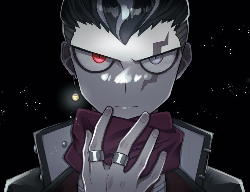 1boy, bangs, black_background, black_hair, closed_mouth, danganronpa_(series), danganronpa_2:_goodbye_despair, earrings