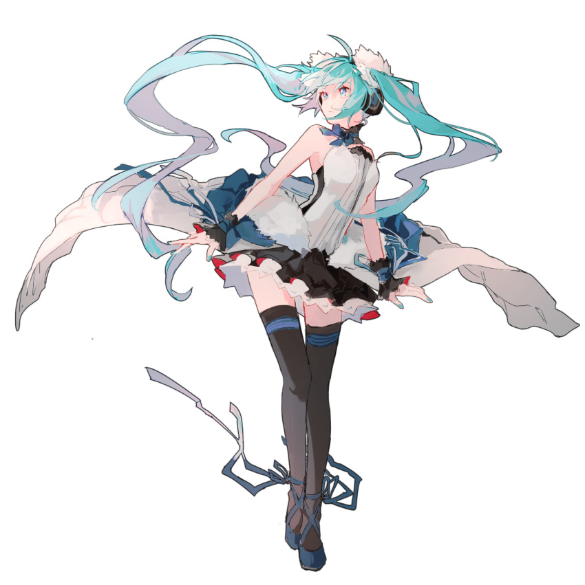 1girl, alternate_costume, aqua_hair, aqua_nails, bangs, bare_shoulders, black_dress, black_thighhighs